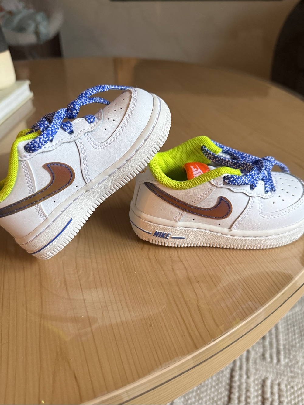 Nike Kids White Sneakers with Brown Swoosh & Lime Lining